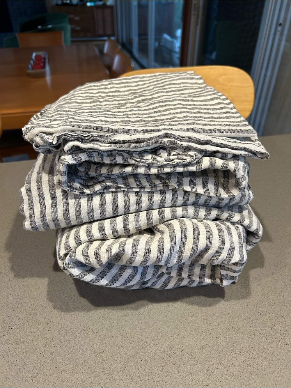 Brooklinen Washed Linen full sheet set, oxford stripe in charcoal and white